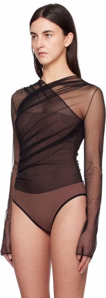  Semi-Sheer Gathered Long Sleeve Bodysuit