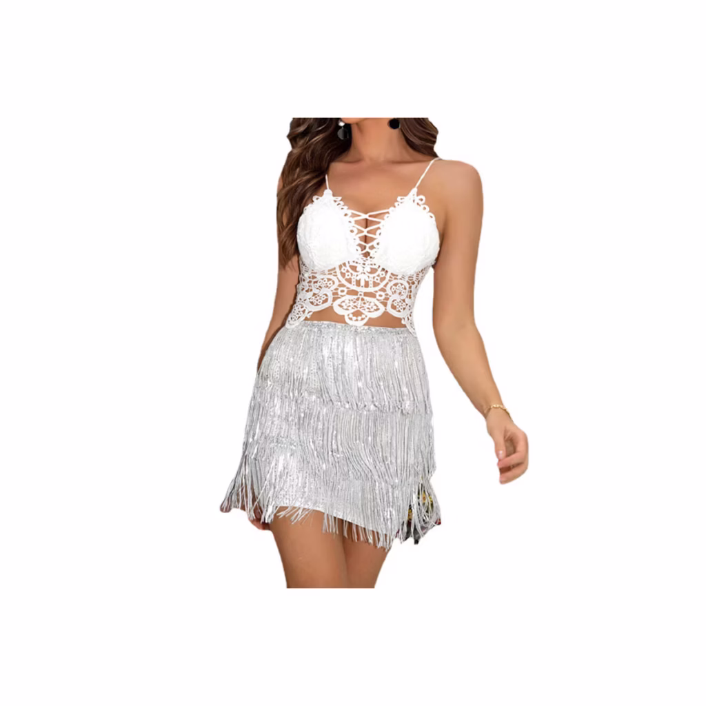 Women Sequin Fringe Mini Skirt Tiered Tassel Skirt,